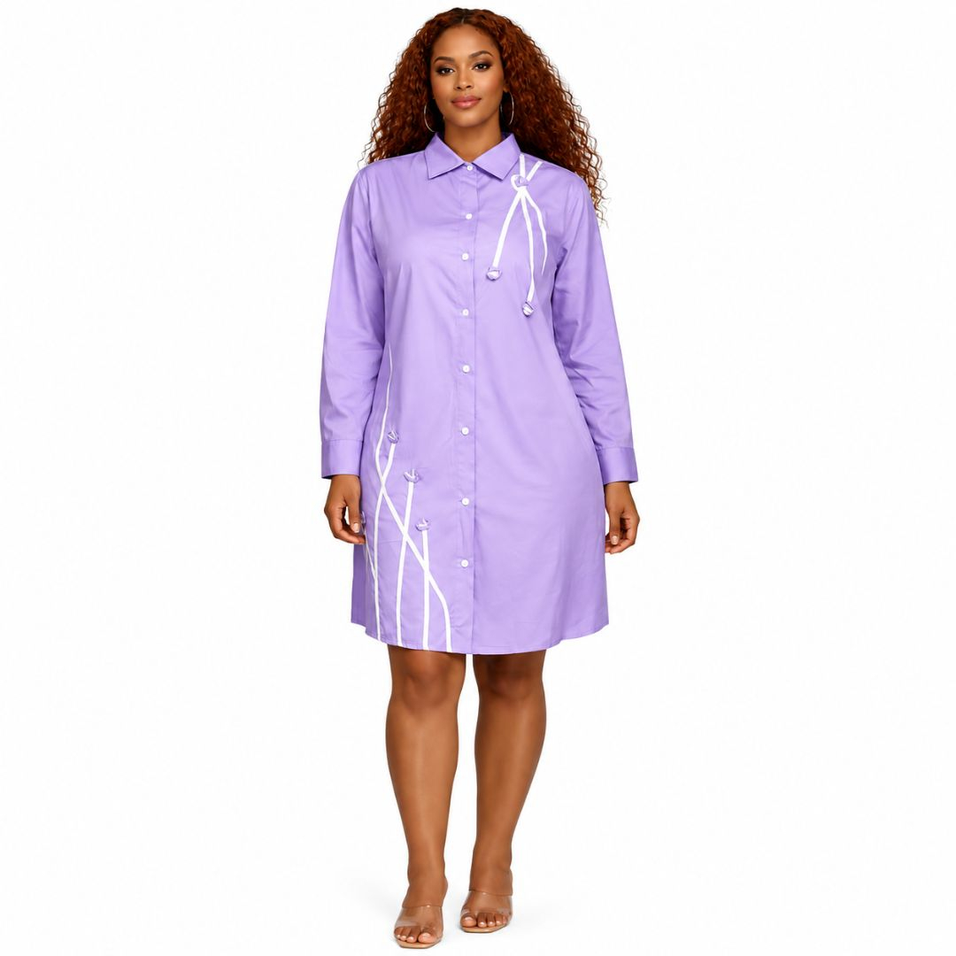 Lavender Button Front Shirt Dress With Tie Detail